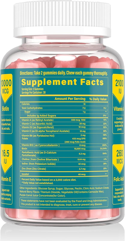 Biotin Gummies -Hair Skin and Nails Vitamins for Men & Women, Vegan Vitamin B7, Supports Hair Growth and Stronger Nails,30 Day Supply - Raspberry-60 Count