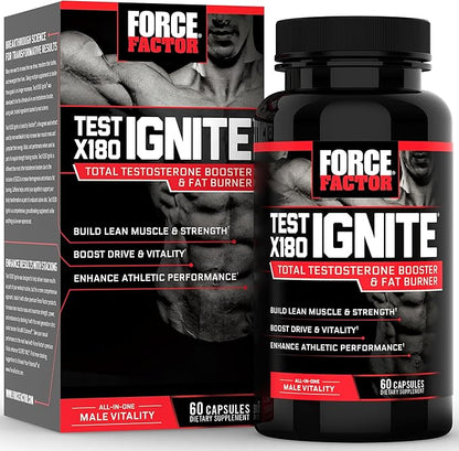 Force Factor Test X180 Ignite Total Testosterone Booster for Men with Fenugreek Seed and Green Tea Extract to Build Lean Muscle, Boost Energy, and Improve Performance, 60 Count