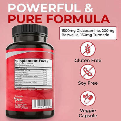 Pure By Nature Joint Support, Glucosamine with Chondroitin Turmeric MSM Boswellia Supplement, 270 Capsules