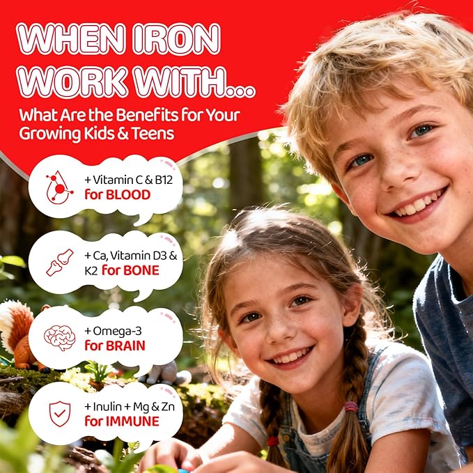 Iron Gummies for Kids & Teens, Kids Multivitamin with Iron Supplement, Vitamin B Complex, A, C, D3, Calcium, Zinc, DHA, Prebiotic, Blood Builder & Energy Support for Iron Deficiency, Vegan, 60 Ct