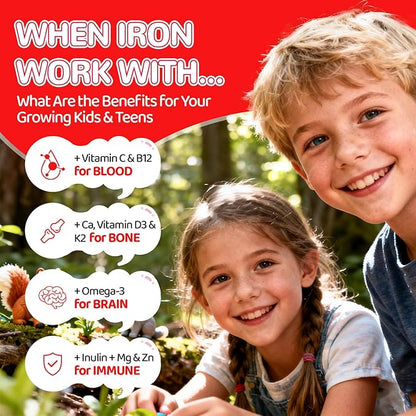 Iron Gummies for Kids & Teens, Kids Multivitamin with Iron Supplement, Vitamin B Complex, A, C, D3, Calcium, Zinc, DHA, Prebiotic, Blood Builder & Energy Support for Iron Deficiency, Vegan, 60 Ct