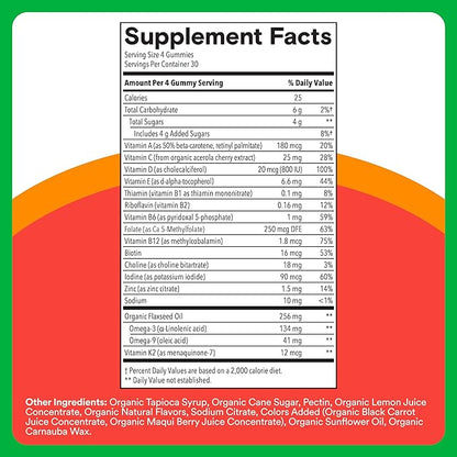 SmartyPants Organic Kids Multivitamin Gummies: Omega 3 (ALA), Beta Carotene, Vitamin B12, B6, A, K & Zinc for Immune Support, Biotin, Vegetarian, Three Fruit Flavors, 120 Count (30 Day Supply)