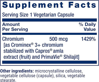 Life Extension Optimized Chromium with Crominex 3+ 500 mcg, Metabolism Health, Healthy Balance, Vegetarian, Gluten Free, Non-GMO, 500 mcg, 60 Vegetarian Capsules