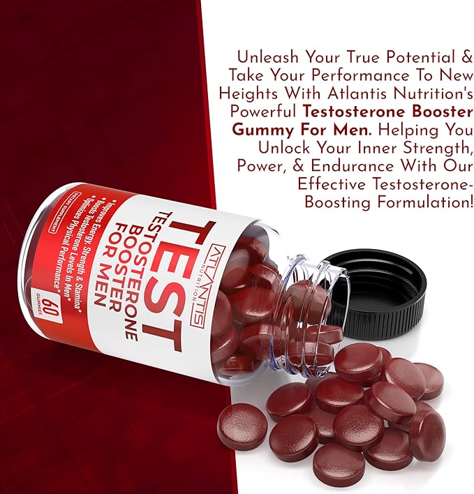 Atlantis Nutrition Testosterone Booster Gummies for Men - Enhances Strength & Stamina - Optimizes Performance & Male Enhancement - Tribulus, Goat Weed Extract, Maca Root Extract | 60 Gummies