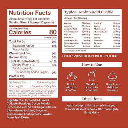 Further Food Chocolate Collagen Peptides Powder with Reishi Mushroom - 100% Grass-Fed, Hydrolyzed Type 1 & 3, 20g of Collagen per Serving, Supports Skin, Hair, Nails & Joints, 24.34 Oz