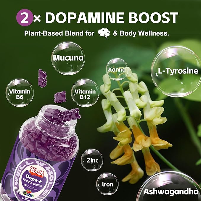Well&Whole Dopamine Gummies - Mucuna Pruriens Supplements Gummies 500mg with L-Tyrosine 200mg & Ashwagandh, Mood & Focus Support, Berry Flavor, Non-GMO, Gluten-Free, 60cts (1)
