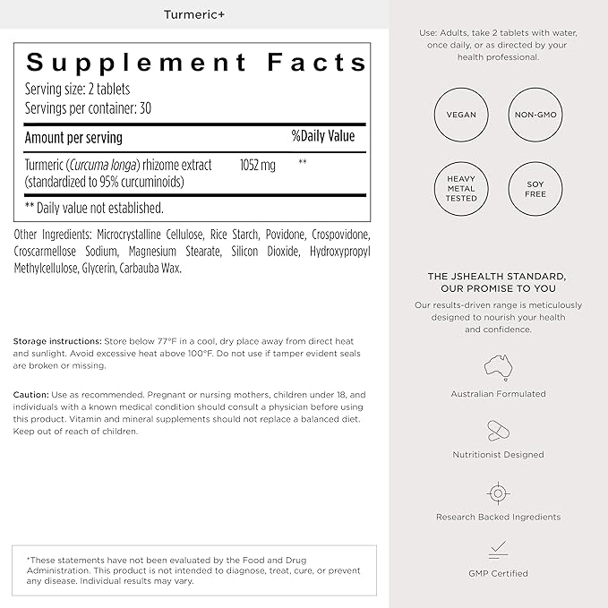 JSHealth Turmeric Curcumin Supplement with C3 Complex. 500mg Curcuminoids for Joint Support and Wellness. No Black Pepper Needed. By Nutritionist Jessica Sepel (60 Tablets)