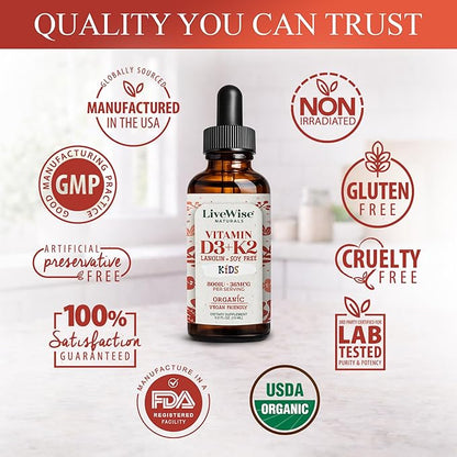 Live Wise Naturals Vitamin D3 K2 Kids Liquid Drops - 112 Servings, Ultra Concentrated Formulation, Fast Absorption 800 IU & 35 MCG for Calcium & Bone Support - Daily Nutritional Support Parents Trust