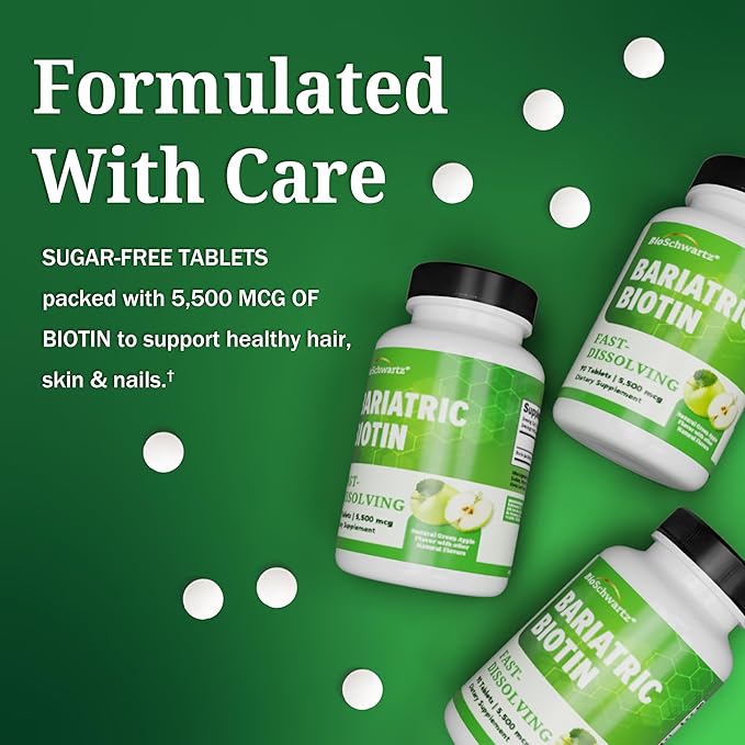 BioSchwartz Bariatric Biotin Chewable Tablets - 5500mcg Biotin per Serving - Green Apple Flavor, 3 Month Supply - Sugar-Free Hair Skin Nails Vitamins for Women for Post-Bariatric Care - 90 Servings