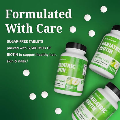 BioSchwartz Bariatric Biotin Chewable Tablets - 5500mcg Biotin per Serving - Green Apple Flavor, 3 Month Supply - Sugar-Free Hair Skin Nails Vitamins for Women for Post-Bariatric Care - 90 Servings