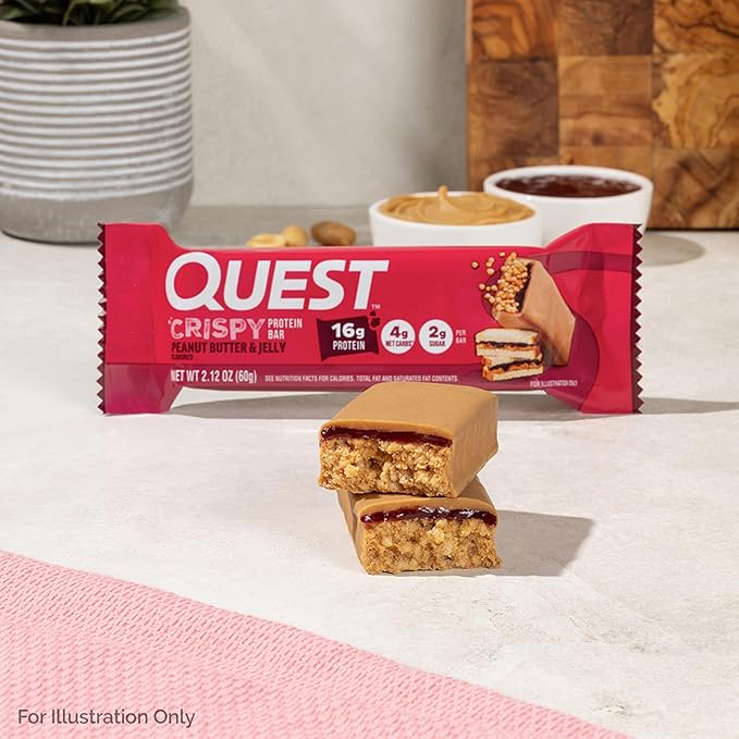 Quest Nutrition Crispy Peanut Butter & Jelly 16g Protein Bar, 2g Sugar, 4g Net Carbs, Gluten Free Snack, Keto Friendly, 12 Count