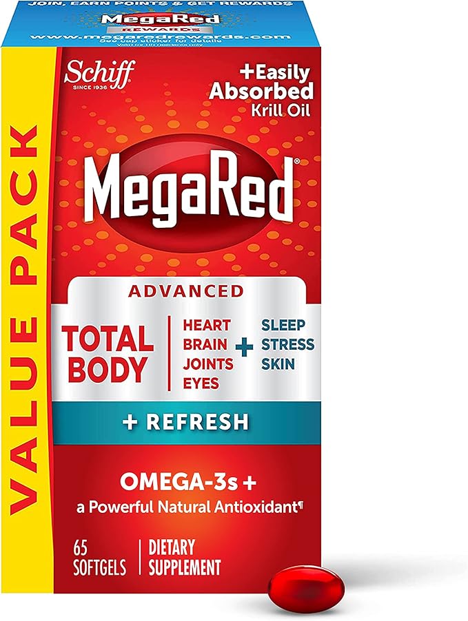 MegaRed Omega-3 Blend Total Body + Refresh 500mg Softgels, (65 Count in a Bottle), Easily Absorbed Krill Oil, to Support Your Heart, Joints, Brain & Eyes