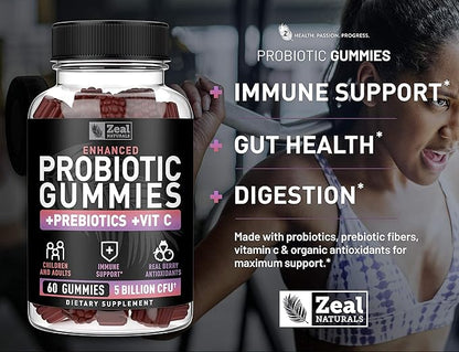 Probiotic Gummies for Adults and Kids (60 Count | 5 Billion CFU) w/Organic Berry Antioxidants & Vitamin C for Immune Support and Digestion gummy- Prebiotics and Probiotics for women Gummies