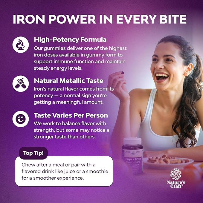 Extra Strength Iron Gummies for Women and Men - Potent 45mg per Serving Chewable Supplement for Women and Men with Vitamin C for Higher Absorption - Vegan Daily Iron Gummy No Artificial Flavors - 60Ct