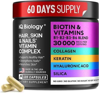 Biotin for Hair Growth Women & Men with Keratin, Collagen Complex 30000 mcg – Capsules for Hair Loss & Stronger Thickness – Skin & Nails Vitamins, Biotin 10000mcg and Collagen Supplements - 120 Pills