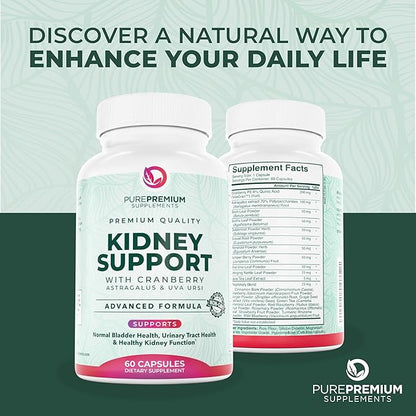 PurePremium Kidney Support Supplement – Kidney Cleanse Detox & Repair with Cranberry Extract & Astragalus - 21-in-1 Complex Supports Normal Bladder, Urinary Tract & Kidneys Health - 60 Day Supply
