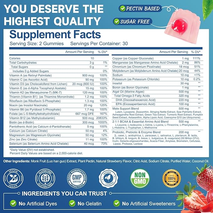 Totaria Sugar Free Multivitamin for Men with Omega 3, Probiotics, Mens Multivitamins Gummies w/Methylated B Complex, EAAs, Lycopene, Zinc, for Daily Energy, Immune, Heart, Iron Free, 60 Count
