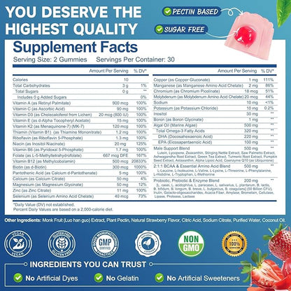 Totaria Sugar Free Multivitamin for Men with Omega 3, Probiotics, Mens Multivitamins Gummies w/Methylated B Complex, EAAs, Lycopene, Zinc, for Daily Energy, Immune, Heart, Iron Free, 60 Count