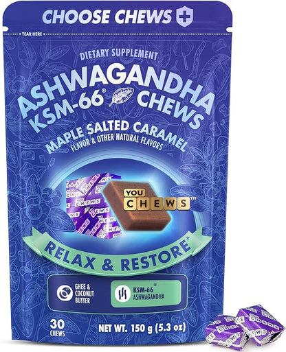 YouChews Ashwagandha KSM-66 Chews for Stress Relief & Mood Support, Organic Ashwagandha Gummies KSM 66 Alternative, Mood Support, Maple Salted Caramel Flavor, 30 Count