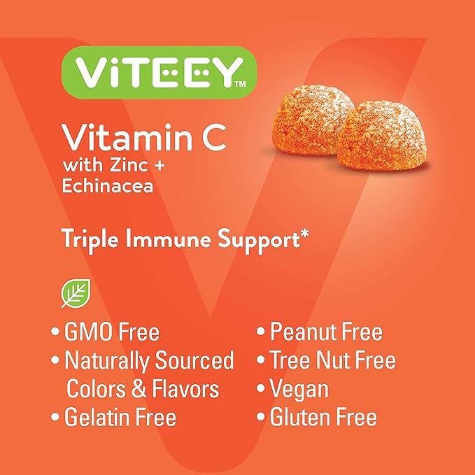 VITEEY Vitamin C Gummies for Adults & Teens with Zinc & Echinacea - Immune Support Gummies - Immune Booster - Vegan, Gelatin Free, Gluten Free, GMO Free - Tasty Vitamin C Chewable Orange Flavored