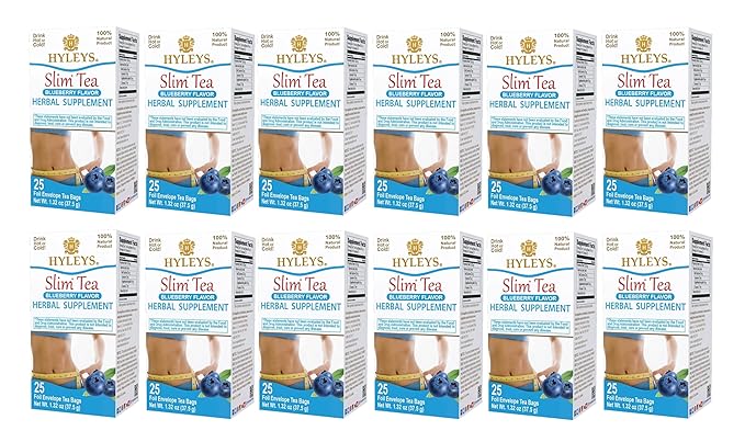 Hyleys Slim Tea Blueberry Flavor - Weight Loss Herbal Supplement Cleanse and Detox - 25 Tea Bags (12 Pack)
