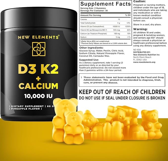 New Elements Vitamin D3 K2 Gummies 10000 IU with Calcium 100mg - VIT D3 for Adults - Mk7 Vitamin K2 100mcg - Vitamin D Supplement for Men & Women - Vegan Gluten Free Non-GMO