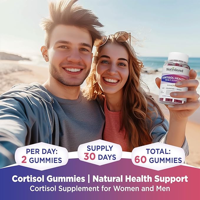 Cortisol Gummies, 12-in-1 Cortisol Reducer, with Magnesium Glycinate, Ashwagandha, L-Theanine, Phosphatidylserine, Vitamin B6 & D3, Rhodiola Rosea, for Men & Women, Sugar-Free, Vegan, NON-GMO, 60CT
