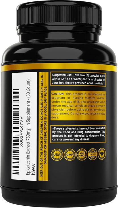 Epicatechin Extract 750mg Per Serving - (60 Capsules) - Supports Lean Muscle, Nitric Oxide, Myostatin Inhibitor, Stamina, Endurance, Pump & Gains - Non-GMO & Vegan Supplement - (60 Count)