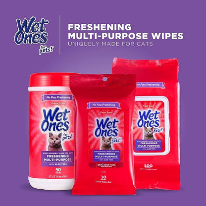 Wet Ones for Pets Freshening Multipurpose Wipes for Cats with Aloe Vera, Fresh Scent - Easy to Use Cat Cleaning Wipes for Pet Grooming, 100 Count - 12 Pack