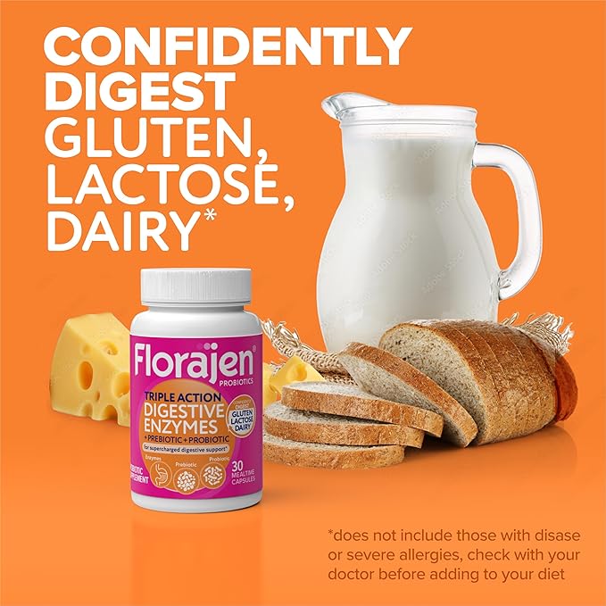 Florajen Digestive Enzymes with Probiotics & Prebiotics - Triple-Action Formula for Gut Health, Bloating, & Gas Relief - Supports Gluten & Dairy Digestion - Clean - Non-GMO - 30-Count