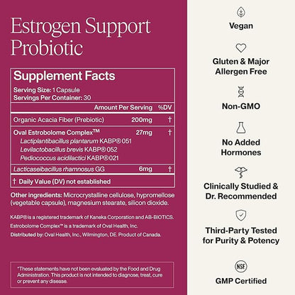 Oval Estrogen Support Probiotic for Women - Menopause Supplements for Women - Vegan, Non-Hormonal Support for Mood, Sleep, Metabolism, Skin & Gut Health - 1 Pack, 30 Capsules