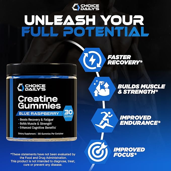 Creatine Gummies - 90 Vegan Friendly Chews - USA Made - Boosts Recovery - Builds Muscle - Enhanced Cognitive Benefits (Large, Blue Raspberry)