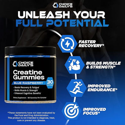 Creatine Gummies - 90 Vegan Friendly Chews - USA Made - Boosts Recovery - Builds Muscle - Enhanced Cognitive Benefits (Large, Blue Raspberry)