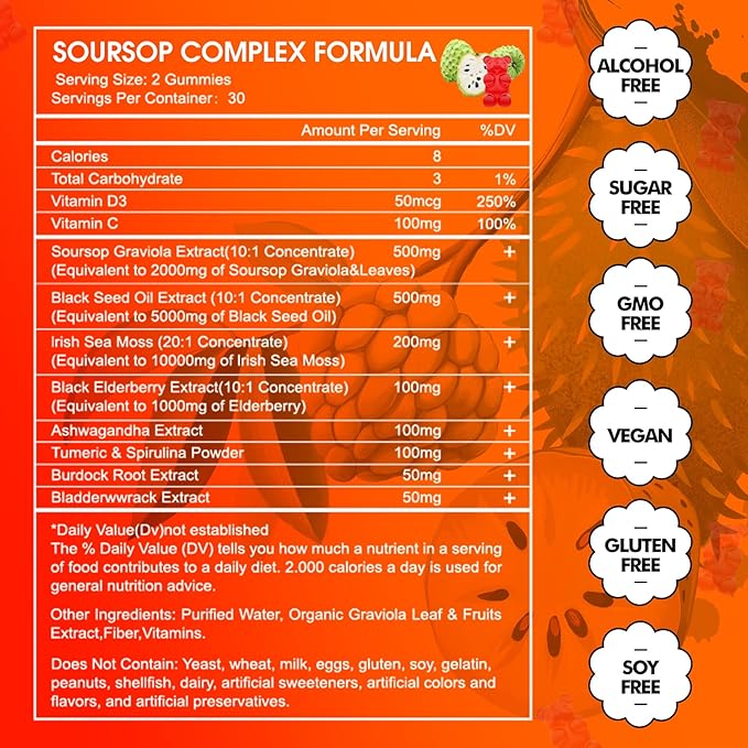 10-in-1 Soursop Graviola with Sea Moss Gummies, Soursop Leaves Extract with Vitamin C, Zinc for Immunity and Antioxidant, Gluten Free, Vegan 60 Gummies 2Pack