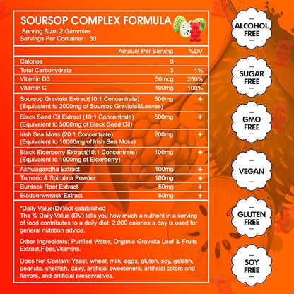 10-in-1 Soursop Graviola with Sea Moss Gummies, Soursop Leaves Extract with Vitamin C, Zinc for Immunity and Antioxidant, Gluten Free, Vegan 60 Gummies 2Pack
