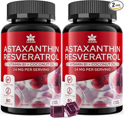 Astaxanthin Supplements 24mg Gummies with Resveratrol, Vitamin B1, Coconut Oil - Algae Organic Antioxidants for Men & Women Healthy Aging, Skin, Eyes, Immune - Vegan, Sugar-Free, Non-GMO, 120 Servings