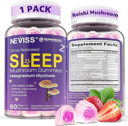 NEVISS Reishi Mushroom Sleep Gummies - Melatonin Free Sleep Gummies for Adult | Reishi, Saffron, Magnesium, GABA & Chamomile - Non-Habit Forming, Help for Deep Relaxation - Vegan, Berry Flavor, 1Pack