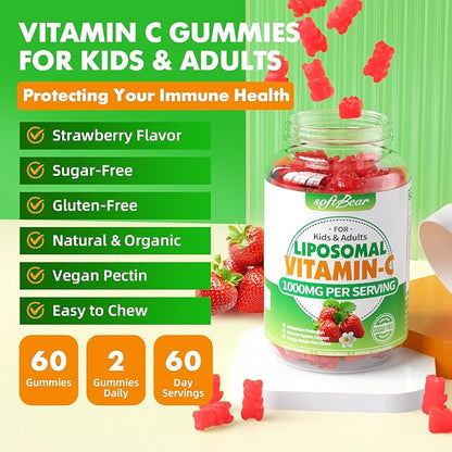 softbear Liposomal Vitamin C Gummies for Adults & Kids 1000mg, Chewable Vitamin C Supplement for Immune Support, Vegan/Organic/Sugar Free VIT C Gummies, Strawberry Flavor 60 Count