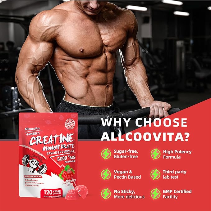 NSF Certified Creatine Gummy - Creatine Monohydrate Gummies 5000mg for Men & Women -120 Gummies Advanced Formula, Muscle Strength, Muscle Builder, Energy Boost, Pre-Workout Supplement-Strawberry