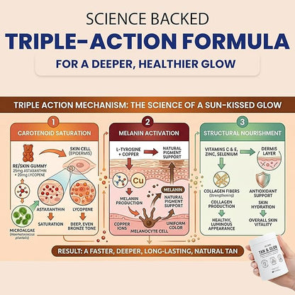 Triple Action Tanning Gummies - Full Spectrum Formula with Astaxanthin, Beta Carotene, Lycopene, Lutein & Zeaxanthin for Skin Radiance, Vitality, Hydration and Defence - Sugar Free (60 Count)