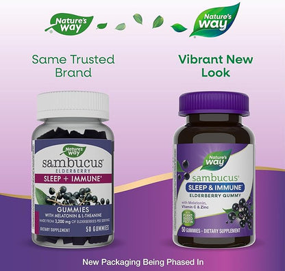 Nature's Way Sambucus Sleep + Immune* Elderberry Gummies, Sleep Support for Adults and Immune Support*, with Melatonin, Vitamin C, L-Theanine, Zinc, 50 Gummies (Packaging May Vary),(Pack of 2)