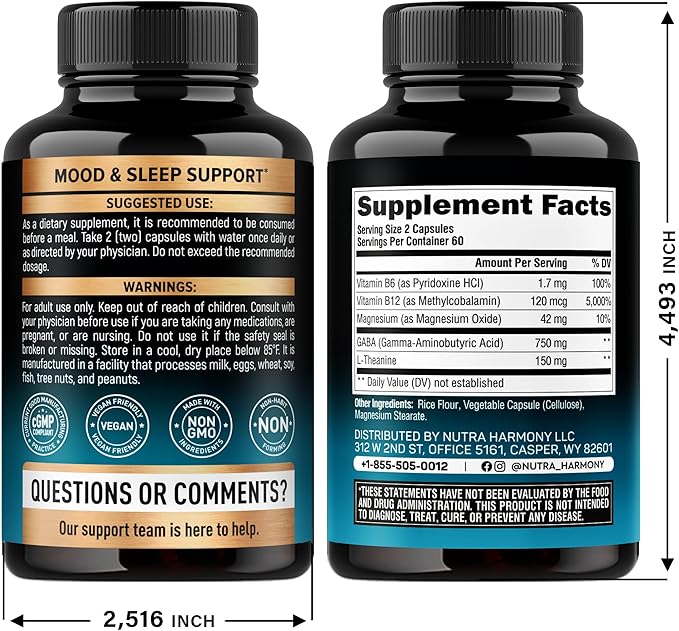 GABA L-Theanine 900 mg - Made in USA - Magnesium | Vitamin B6 - Calm, Sleep, Relaxation & Mood Support - 750 mg Gamma AminoButyric Acid, 150 mg L-Theanine - Non-Habit Forming, Vegan - 120 Capsules