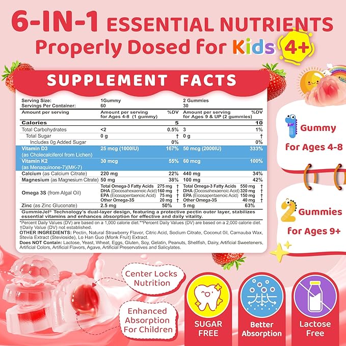 Vitamin D3 K2 + Calcium Liquid-filled Gummies for Kids & Teens, 1000IU / 2000IU D3 with Magnesium, Algal Omega 3, Kids Vitamins for Bones & Teeth, Calcium Absorption, Brain, Immune, Sugar-Free, 2Pack