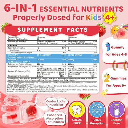 Vitamin D3 K2 + Calcium Liquid-filled Gummies for Kids & Teens, 1000IU / 2000IU D3 with Magnesium, Algal Omega 3, Kids Vitamins for Bones & Teeth, Calcium Absorption, Brain, Immune, Sugar-Free, 60Cts