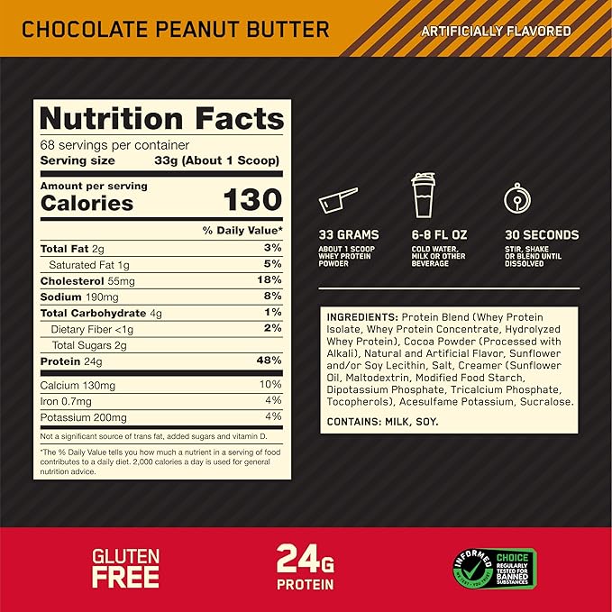 Optimum Nutrition Gold Standard 100% Whey Protein Powder, Chocolate Peanut Butter, 5 Pound (Packaging May Vary)