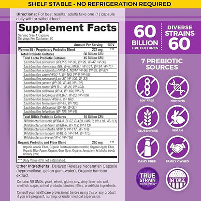 Vital Planet - Vital Flora Probiotics for Women Over 55 Daily Shelf Stable Probiotic 60 Billion CFU, 60 Diverse Strains, 7 Organic Prebiotics, Immune Support and Digestive Health 30 Capsules