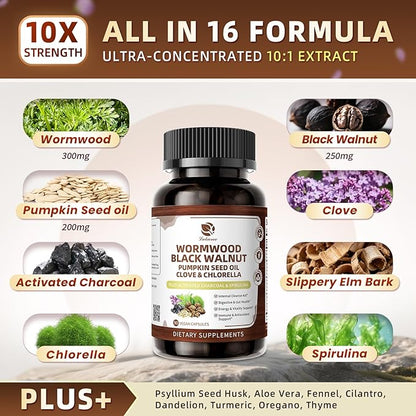 Lukaree Wormwood Black Walnut Cleanse for Human 1200mg – Ultra Gut Cleanse & Digestive Health w/Pumpkin Seed Oil,Clove,Activated Charcoal -10X Concentrated, Men & Women Probiotic Capsules -Vegan,90 CT