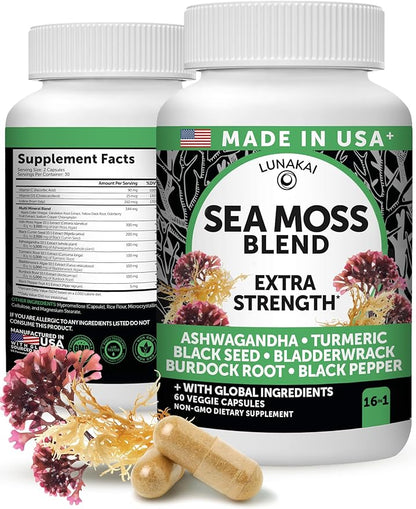 Lunakai USA Made Irish Sea Moss Capsules with Black Seed Oil, Ashwagandha, Burdock Root & Bladderwrack, 60ct