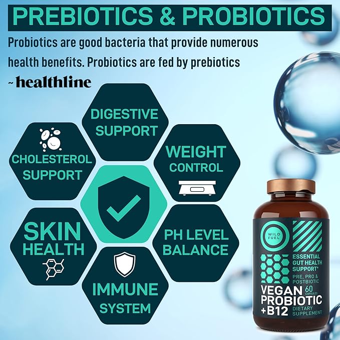 Vegan Probiotic Plus B12 & FOS - 22 Billion CFU Synbiotics Prebiotics and Probiotics for Digestive Health, IBS, Mood Support - B12 Pre Pro Post Biotics for Women & Men - 60 Gluten-Free Capsules