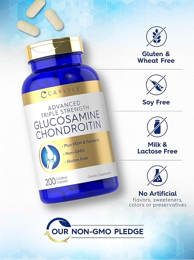 Carlyle Glucosamine Chondroitin MSM Turmeric | 200 Count | Advanced Triple Strength Supplement | Non-GMO & Gluten Free